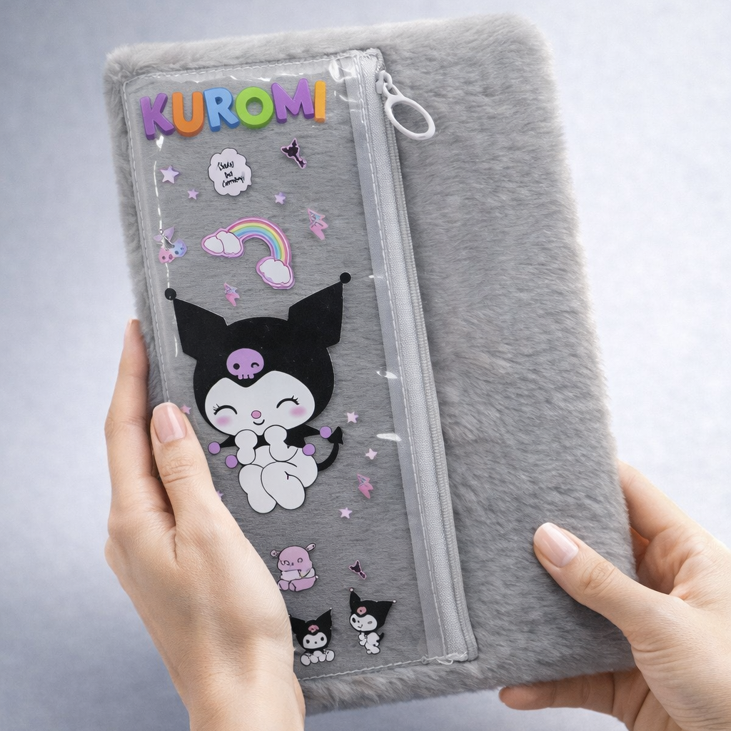 Kuromi theme fur diary with attached pouch