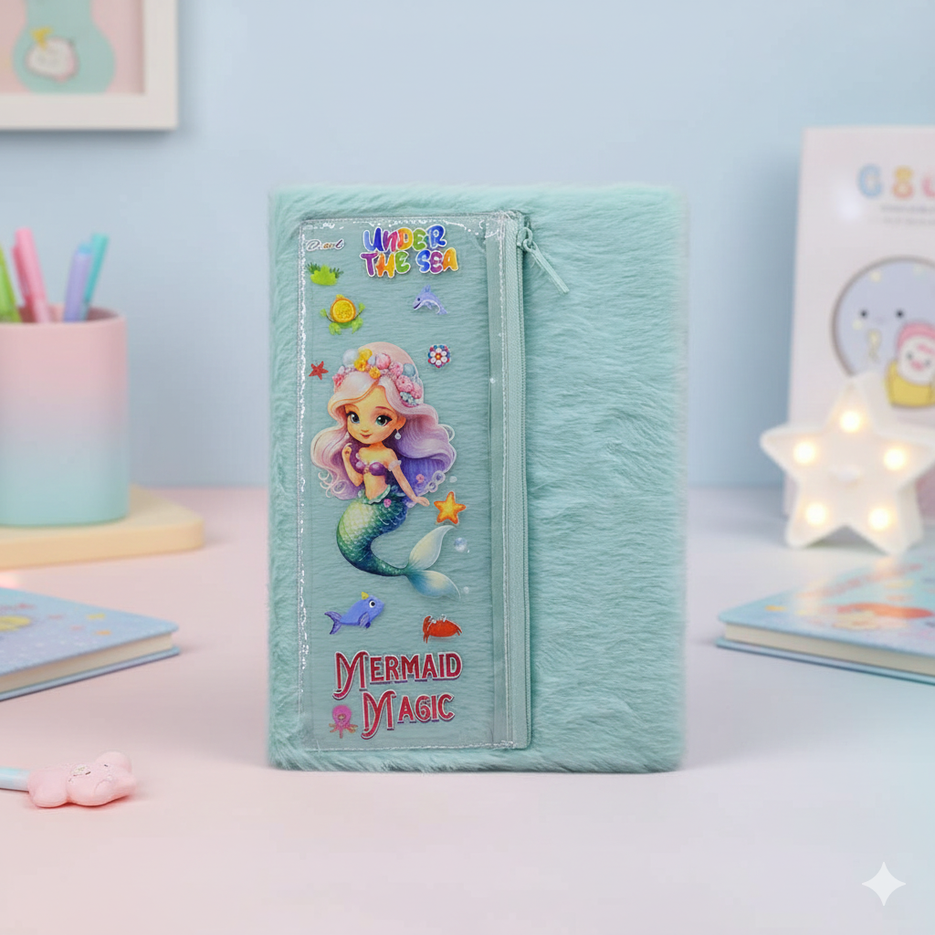 Mermaid theme fur diary with attached pouch