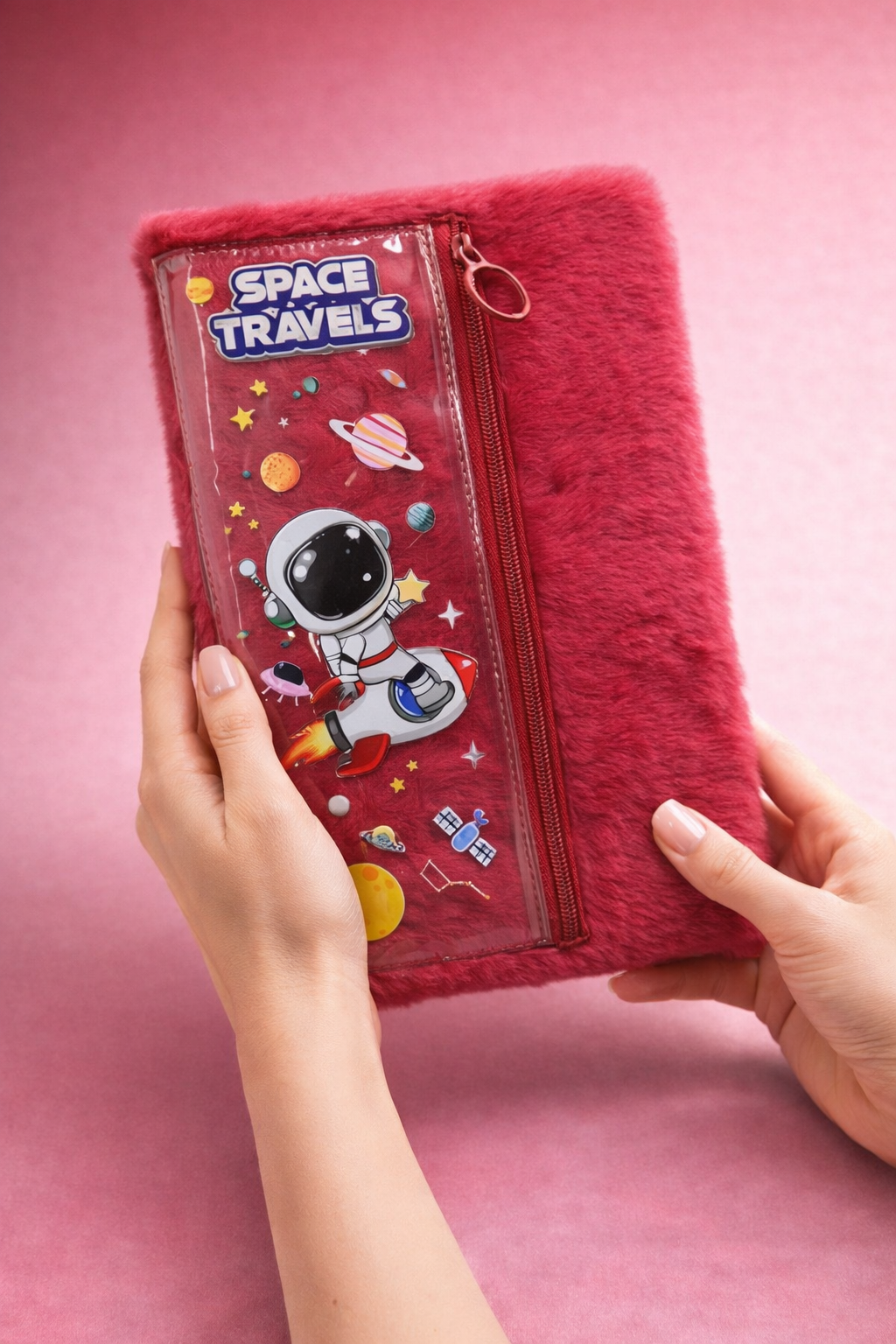 Space theme fur diary with attached pouch