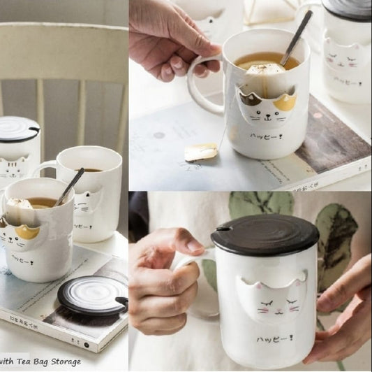 Kitty with Tea Bag Holder Ceramic Mug